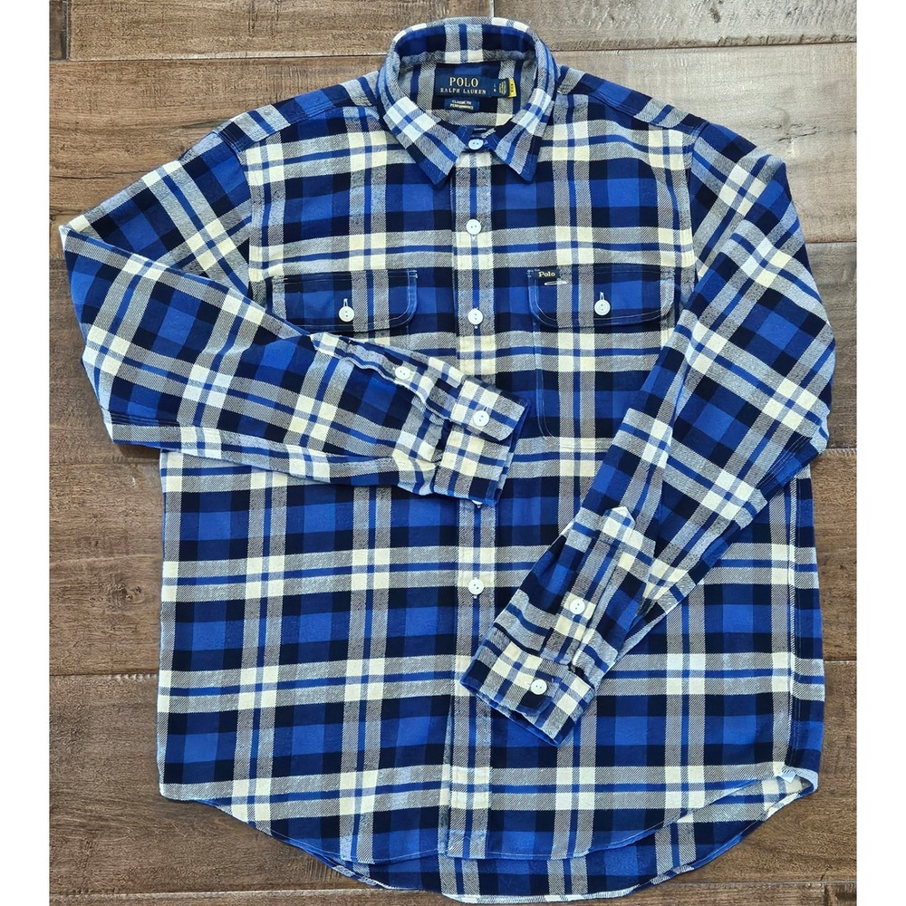 Polo Ralph Lauren Mens‎ Classic Fit Performance Flannel Shirt Blue Plaid Large